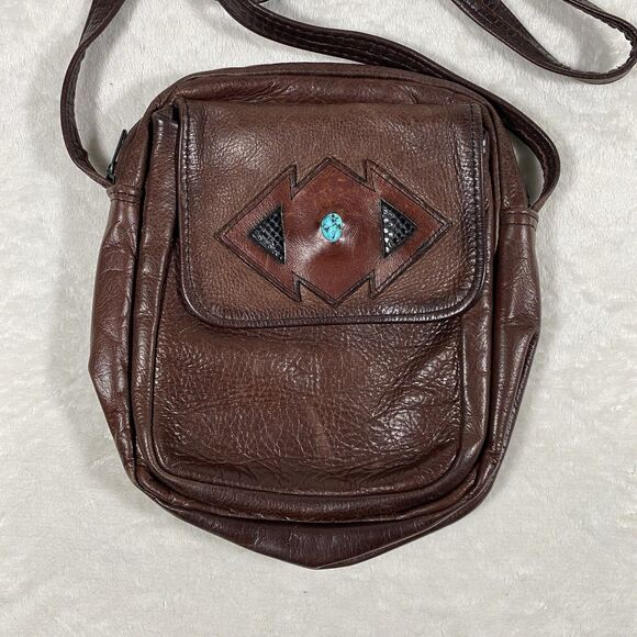 Handmade Leather Crossbody Purse Turquoise Stone Rustic Western Boho Aztec - Picture 1 of 9